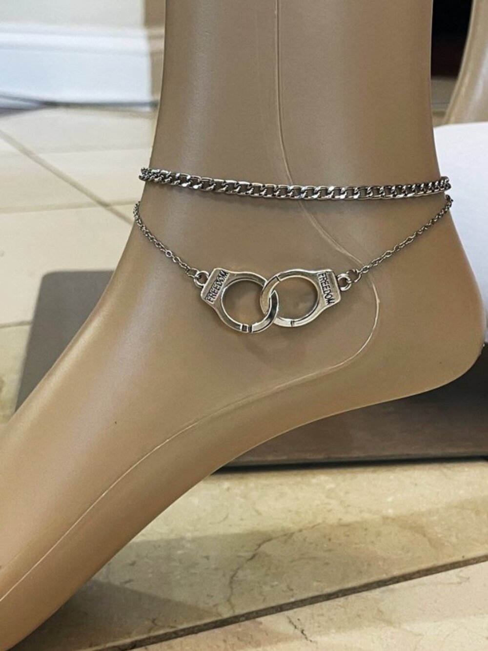 NWT- Silver Gothic Handcuff Anklet Double Layer Chain Freedom Anklet